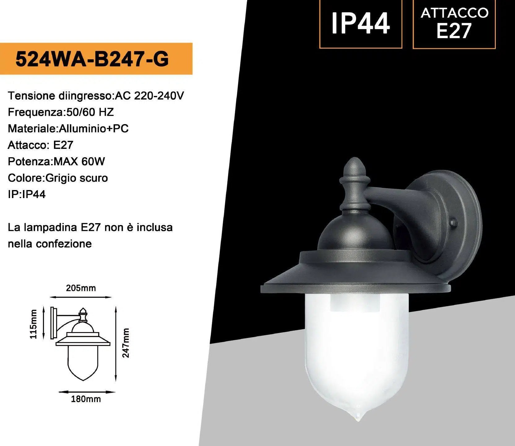 Portalampada Lanterna da Giardino Universo 524WA-B247-G – Wall Lamp Grigio Antracite da Muro, IP44 per Lampadine E27