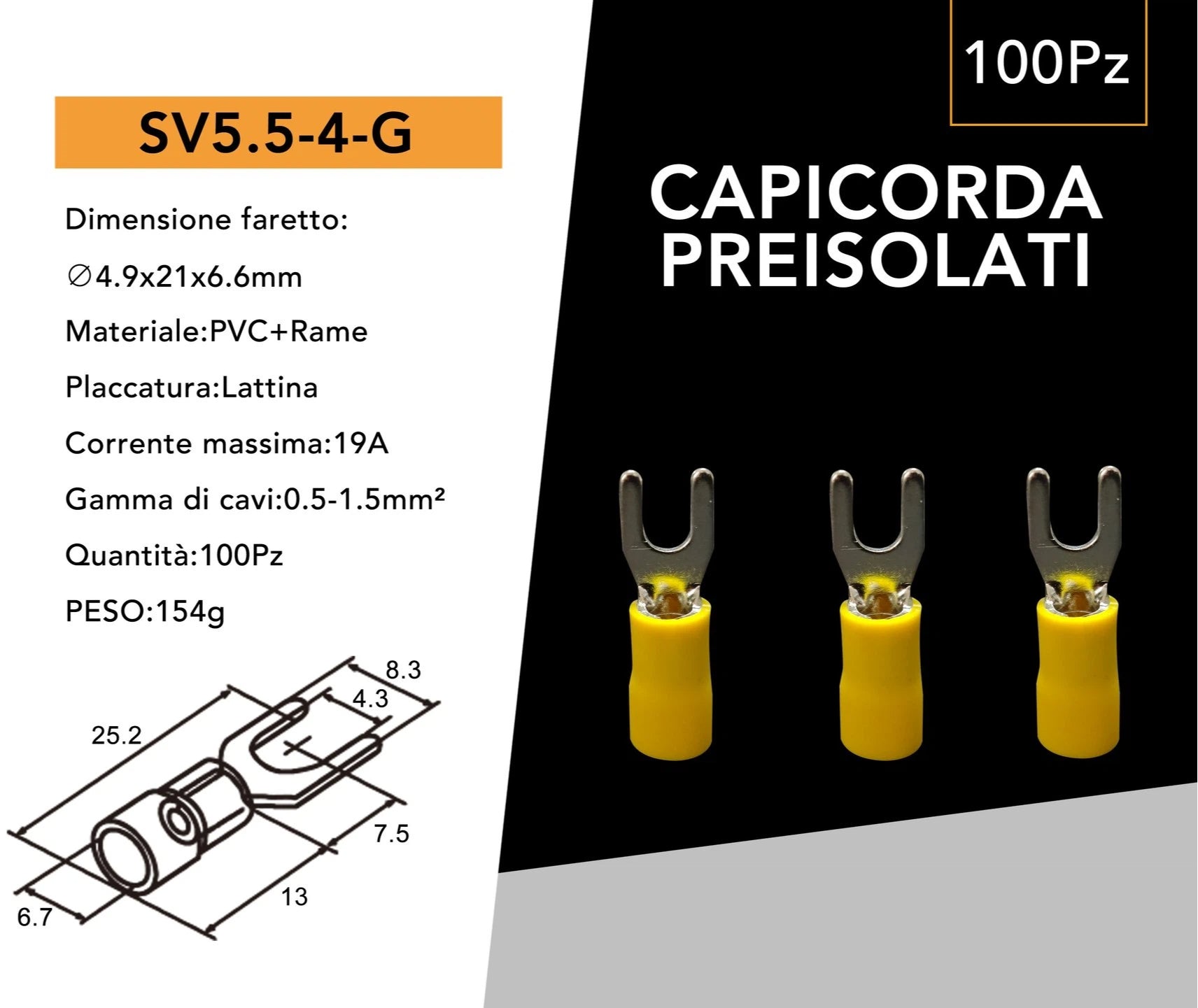 Capicorda a Forcella per Cavi 4-6 mm² | Isolato M4 | Confezione 100 Pezzi