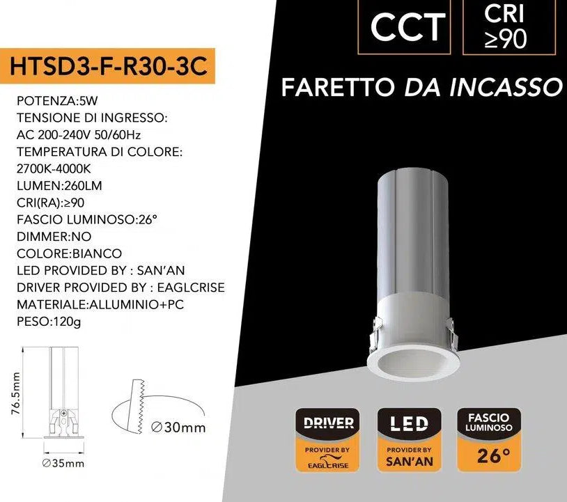 Faretto LED Rotondo da Incasso UNIVERSO HTSD3-F-R30-3C 5W | CCT Switch IP20 Bianco/Argento