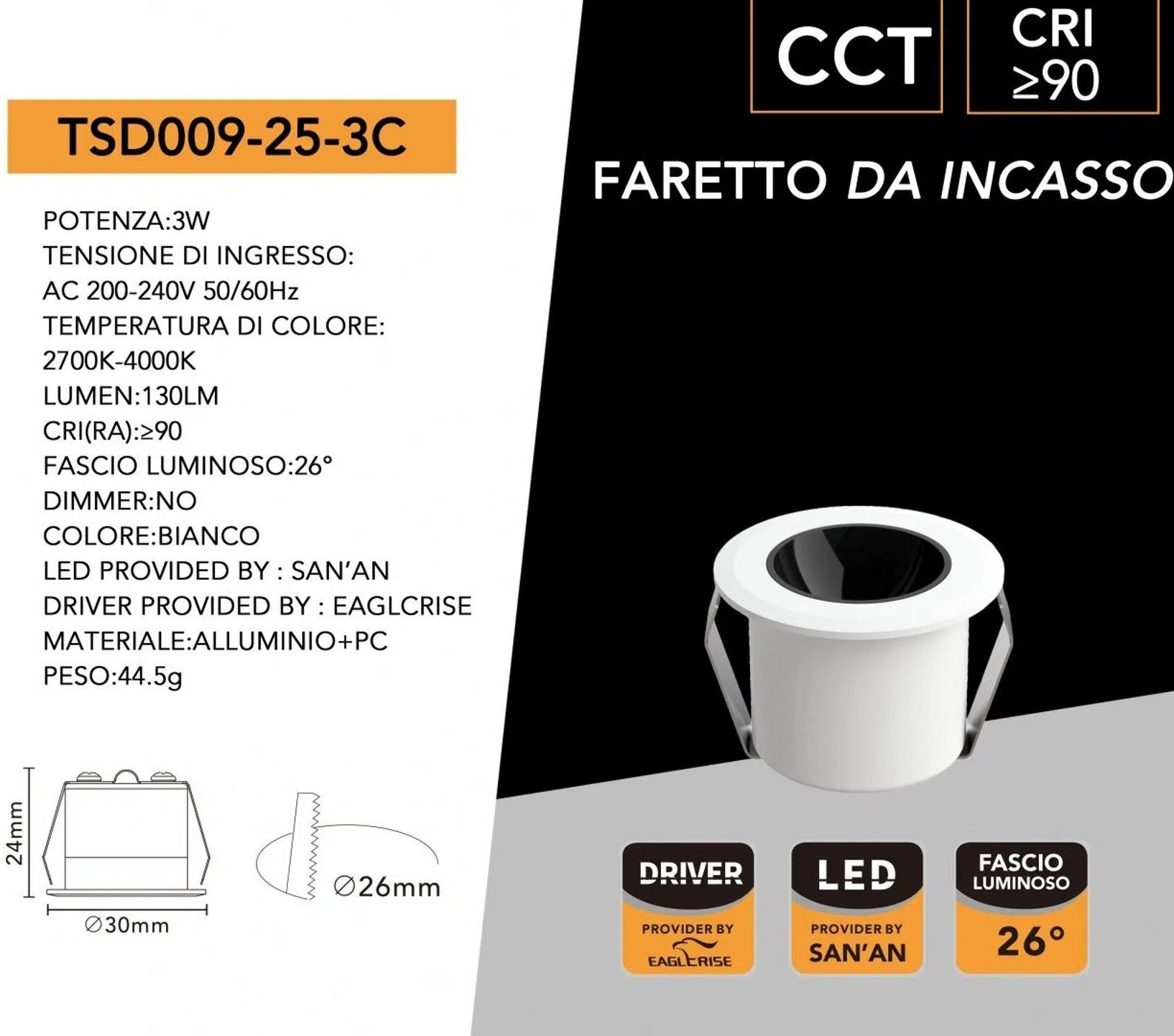 Faretto LED Rotondo da Incasso UNIVERSO TSD009-25-3C 3W | CCT Switch IP20 Bianco