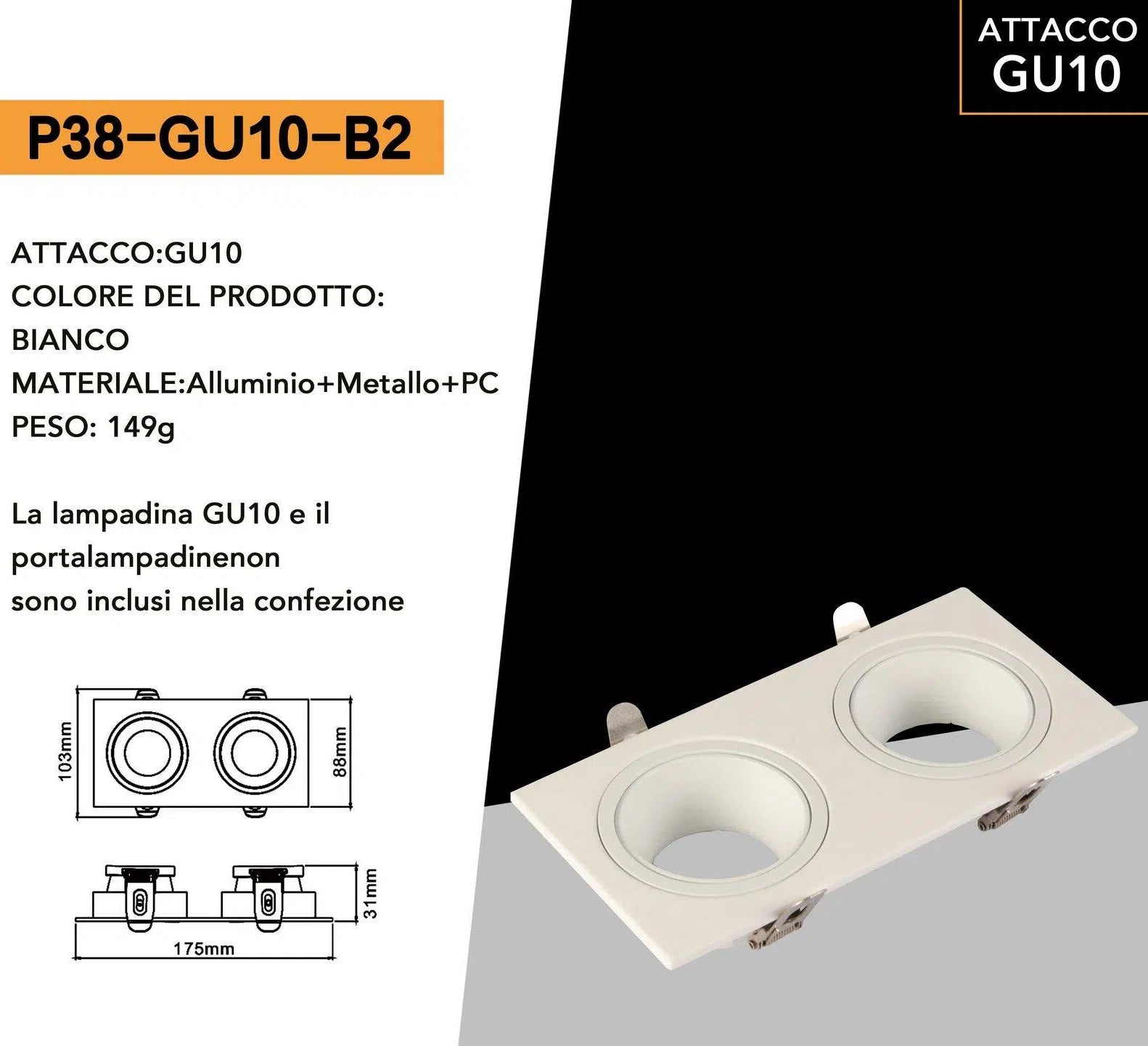 Portafaretto Doppio Rettangolare Orientabile da Incasso UNIVERSO P38-GU10-B2 | Metallo Bianco per GU10/GU5.3