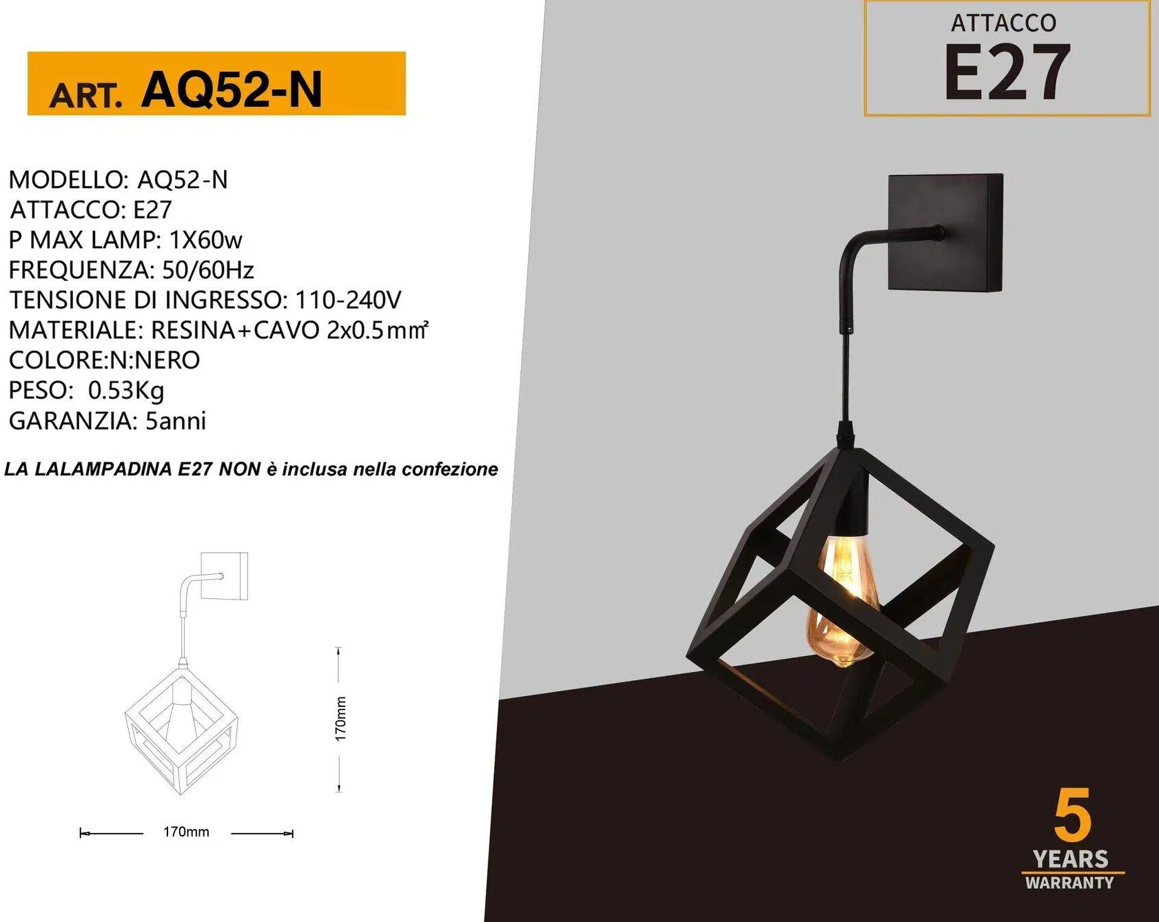 Lampada Applique a Muro Universo AQ52 – Forma Cubica Tridimensionale con Attacco E27, Max 60W, Colore Bianco e Nero