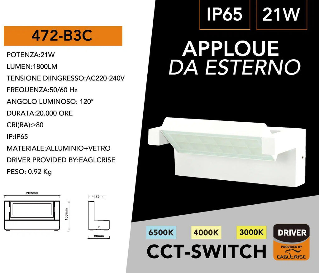 Lampada Applique LED da Muro Universo 472-B3C – Testa Ruotabile 21W SMD, CCT 3in1, IP65 per Esterno