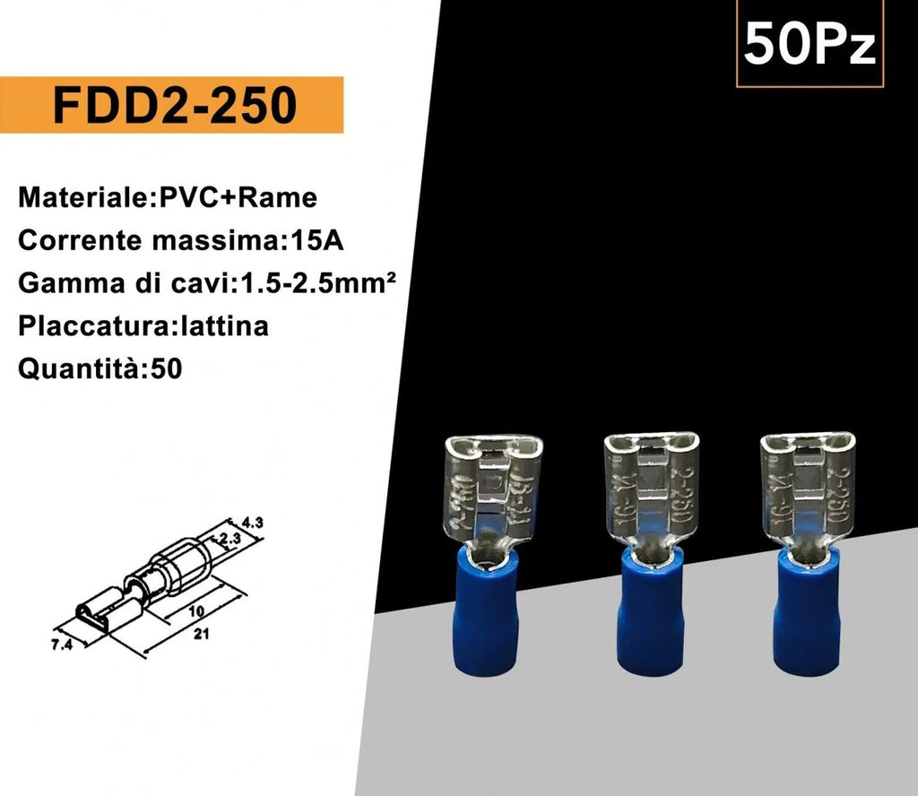 Confezione da 50 Pezzi – Terminale Capicorda Femmina FDD2-250 per Cavi da 1,5 mm² a 2,5 mm² – Blu
