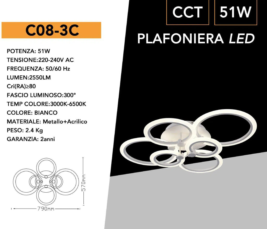 Lampadario Plafoniera LED a Soffitto Stile Moderno – 51W, 6 Cerchi, 2550 Lumen