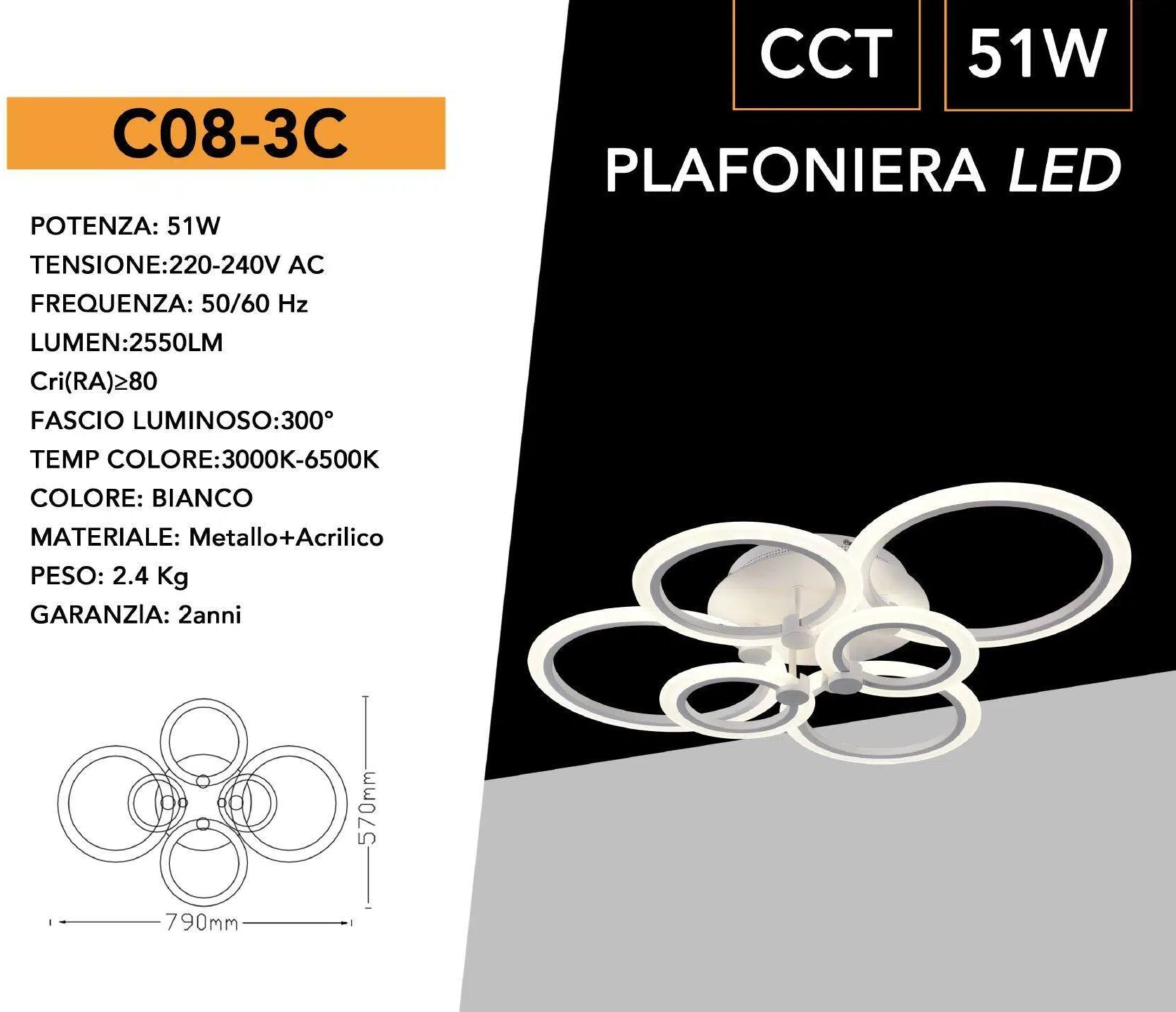 Lampadario Plafoniera LED a Soffitto Stile Moderno – 51W, 6 Cerchi, 2550 Lumen