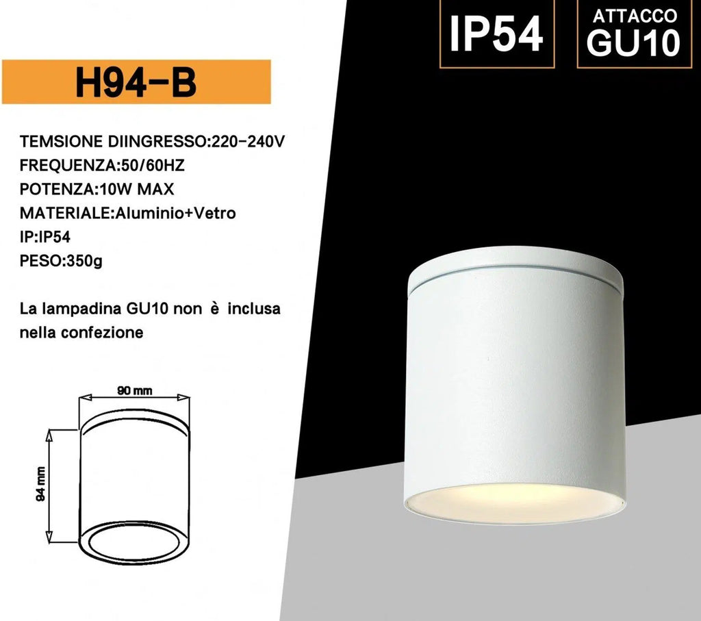 Portalampada Applique da Giardino Universo H94 – Wall Light da Muro a Cilindro per Lampadine GU10, Colore Bianco e Nero