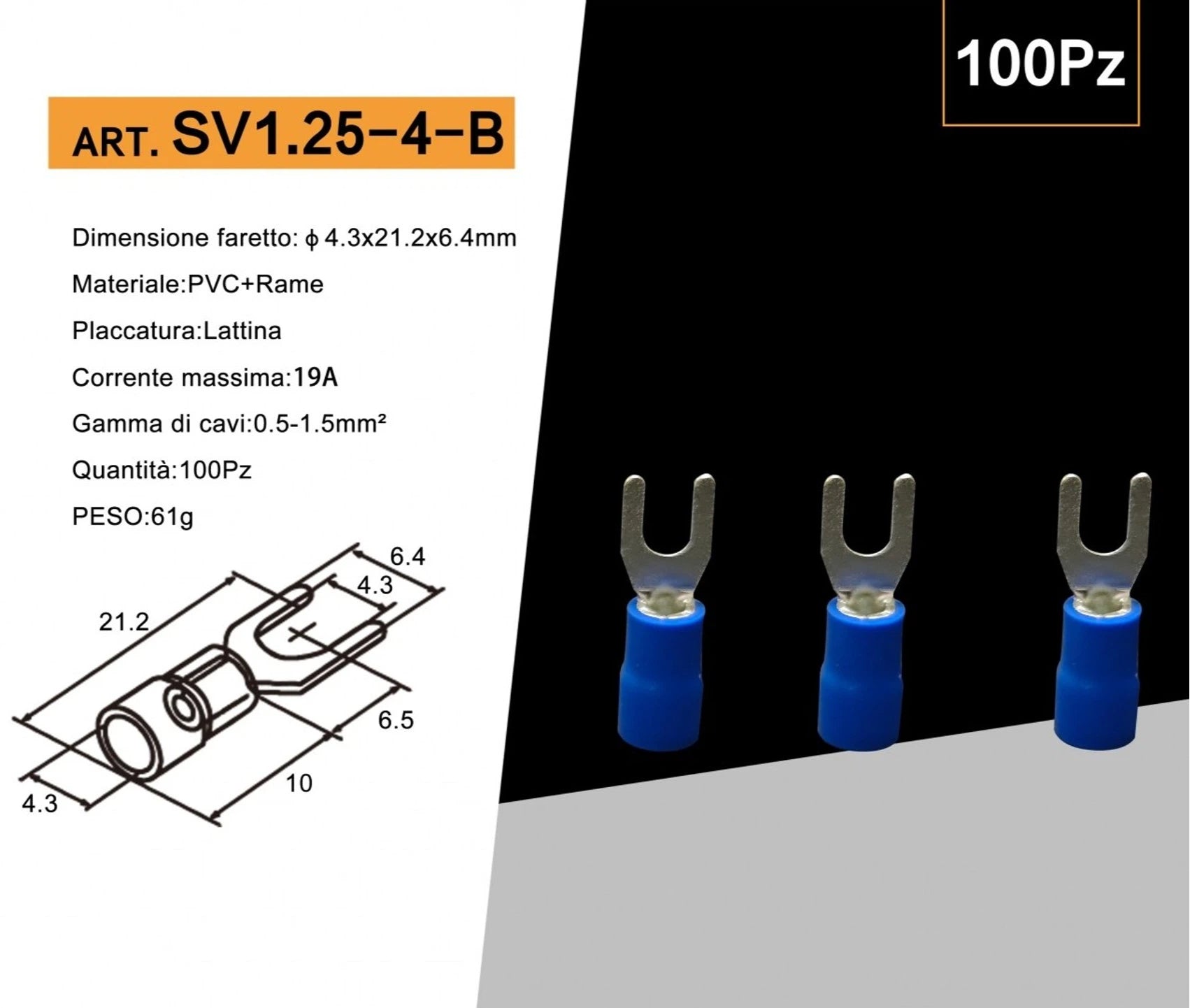 Confezione da 100 pezzi – Capicorda terminale a forcella isolato, a crimpare per cavi da 0,5 mm² a 1,5 mm², misura M4