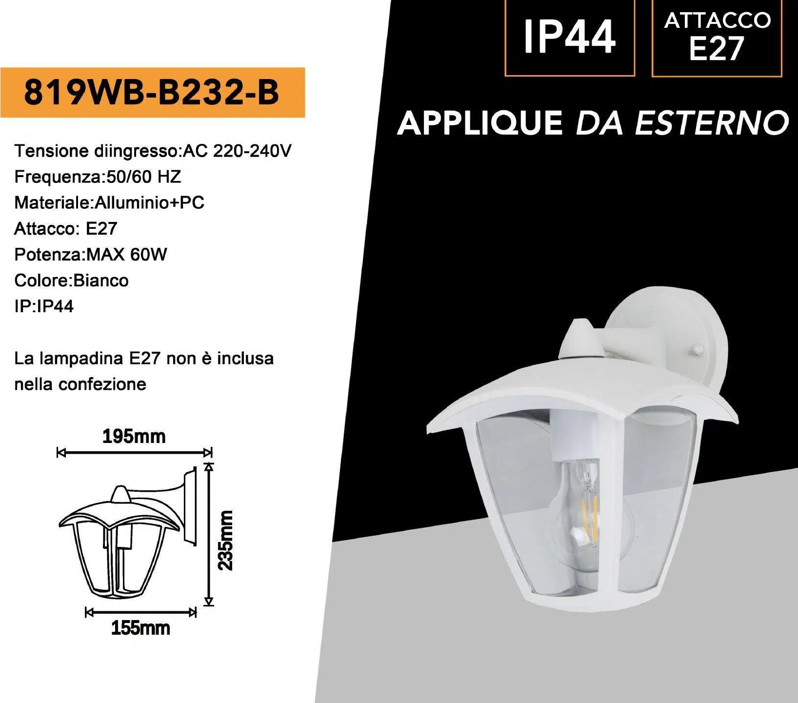 Portalampada lanterna da giardino UNIVERSO 524WA-B247-B applique da muro bianca attacco E27 IP44 per esterno