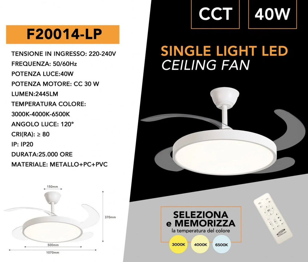 Ventilatore da Soffitto Universo 30W con Lampada LED 40W – CCT 3in1 (3000K/4000K/6500K) e Telecomando Incluso