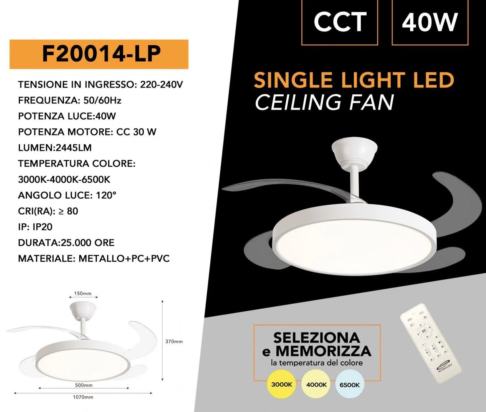 Ventilatore da Soffitto Universo 30W con Lampada LED 40W – CCT 3in1 (3000K/4000K/6500K) e Telecomando Incluso