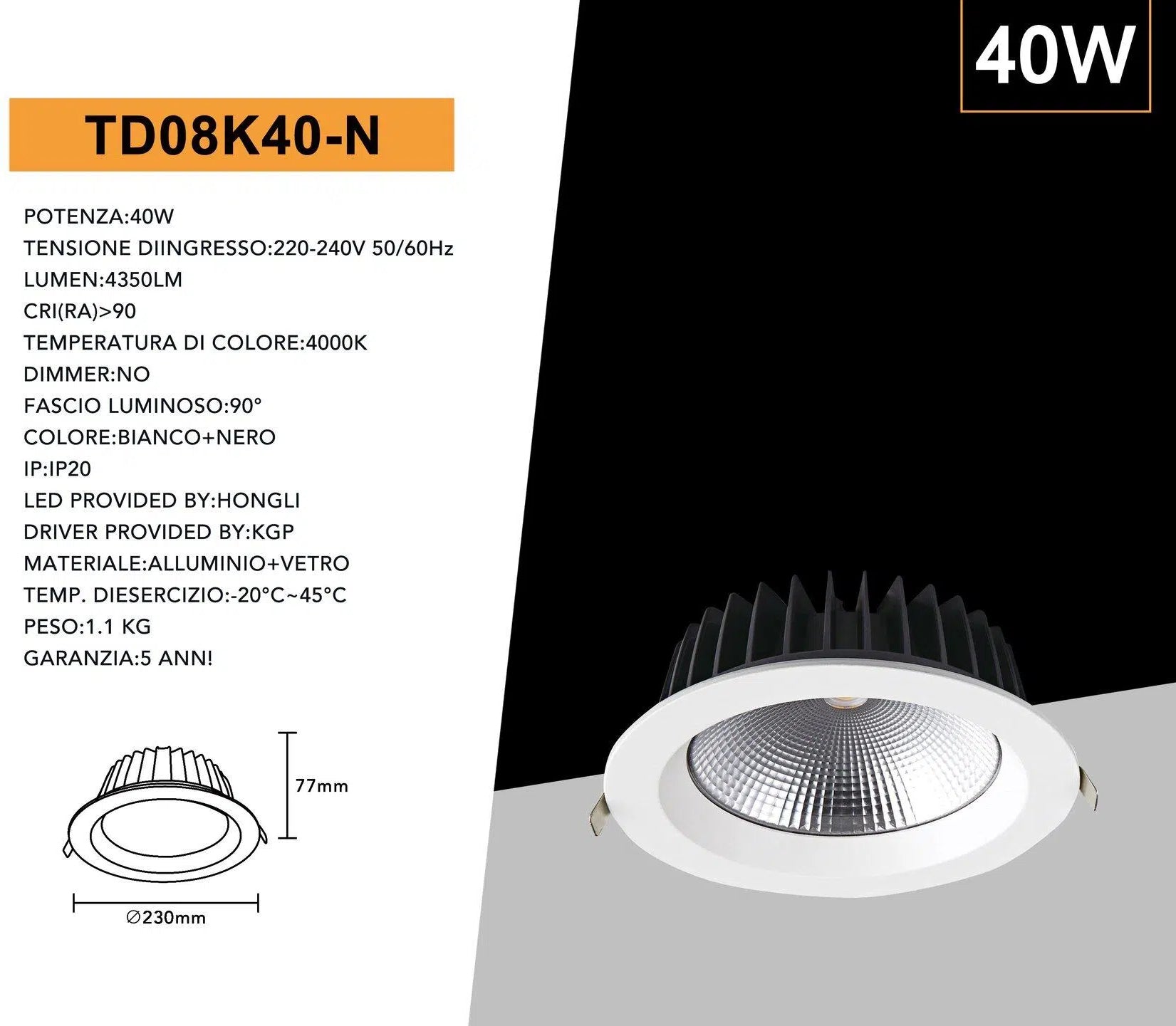 Faretto COB LED da Incasso Rotondo Universo TD08K40-N – 40W Downlight, Colore Bianco, CRI>90, Luce Naturale 4000K