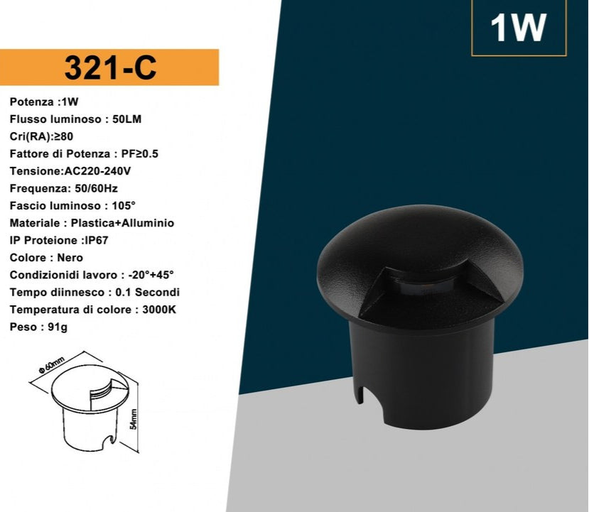 Universo Punto Luce LED SMD 1W Segnapasso da Interramento IP67 Singola Finestra Colore Nero - 3000K 4000K