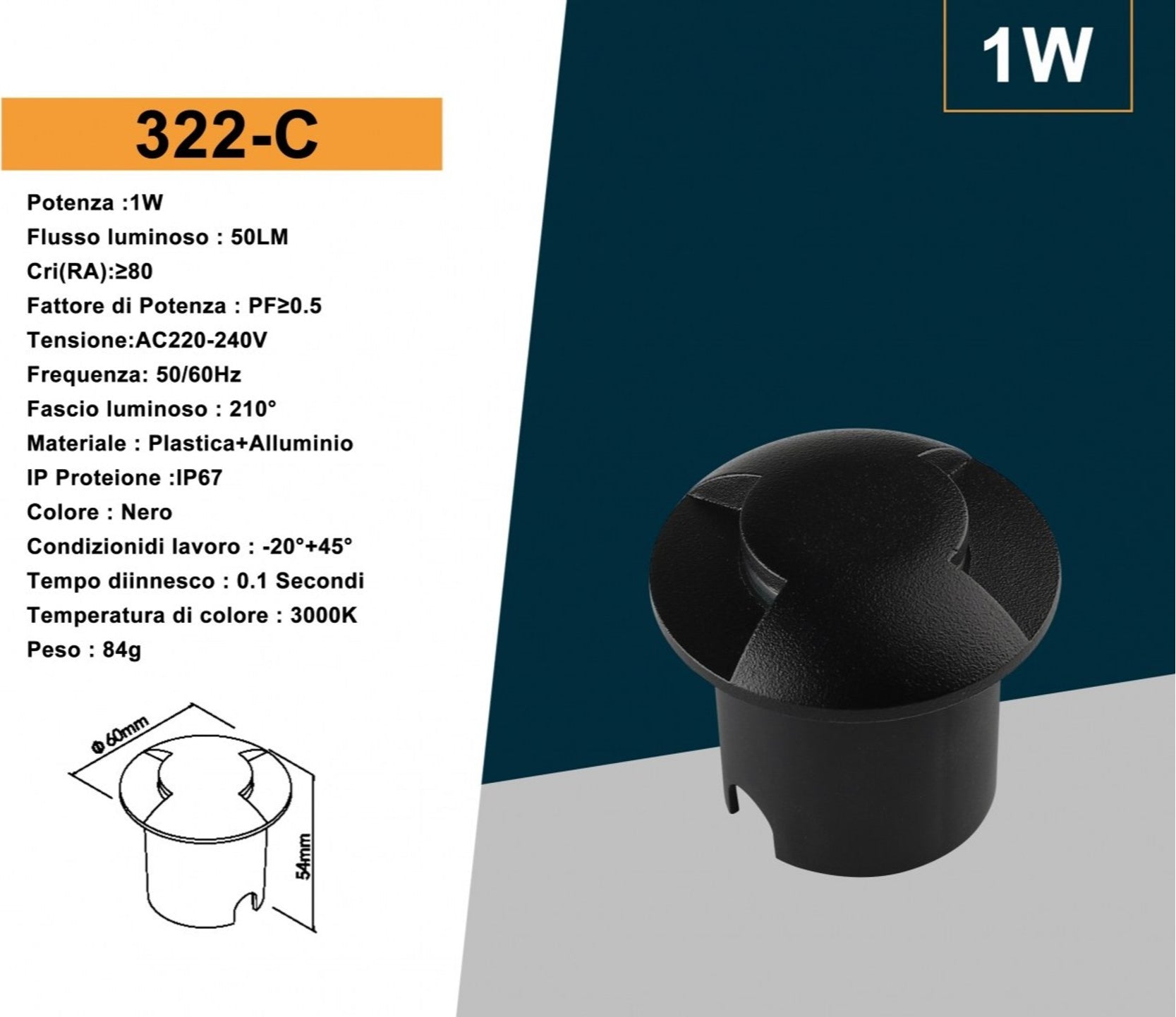 Universo Punto Luce LED SMD 1W Segnapasso da Interramento IP67 Doppia Finestra Colore Nero - 3000K 4000K