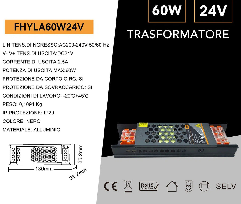 Alimentatore Slim Metallico Stabilizzato Switching Trimmer 220V-24V 2.5A 60W Colore Nero