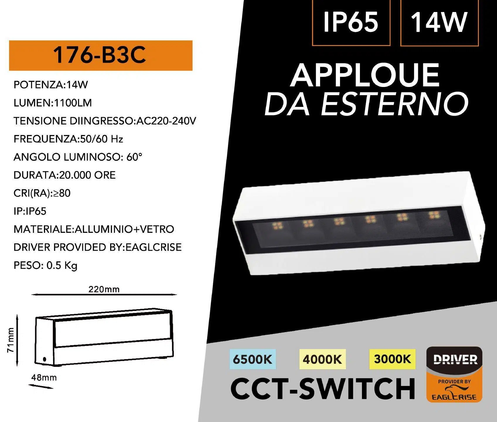 Lampada Applique LED da Muro Universo 176-B3C 14W – Wall Light IP65, Colore Luce Selezionabile CCT 3in1