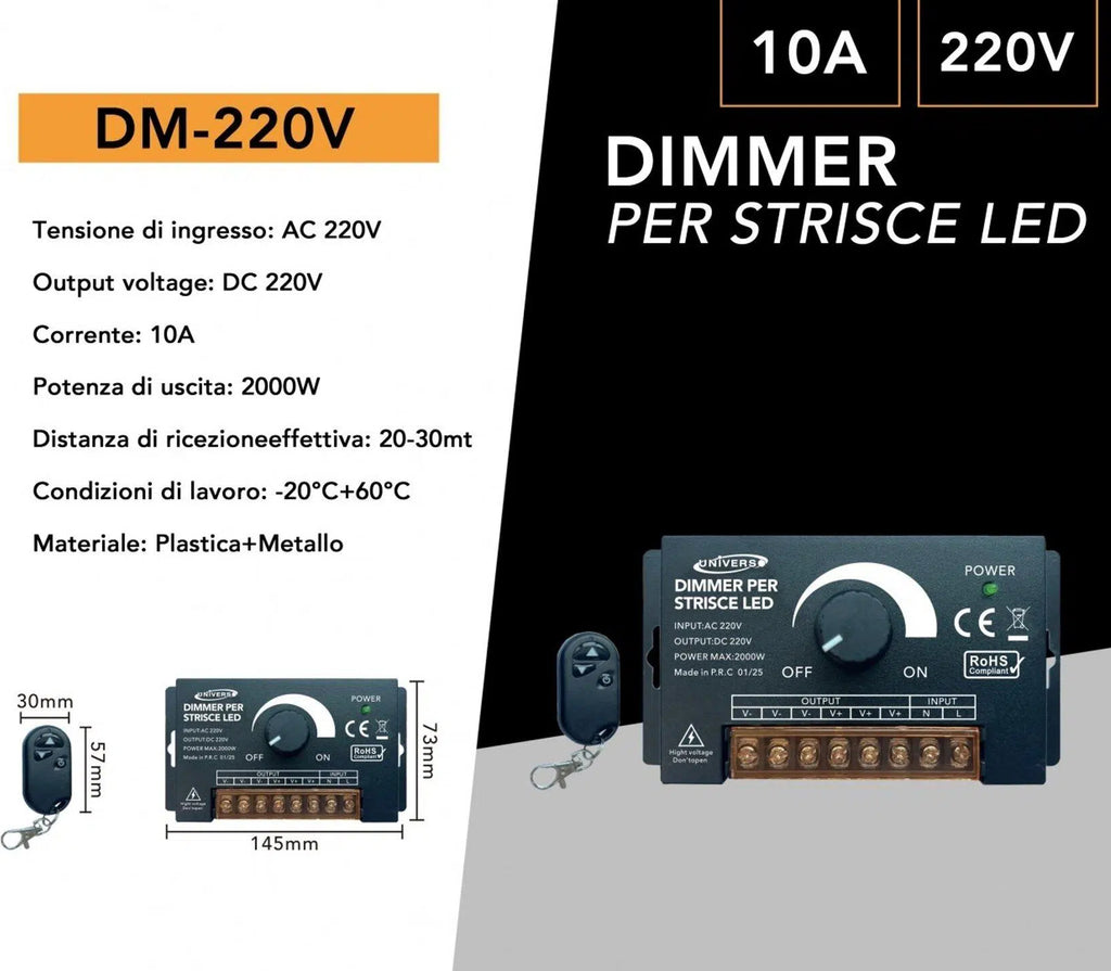 Dimmer con Manopola 3 Uscite per Strip LED Monocolore 220V | Potenza Max 2000W