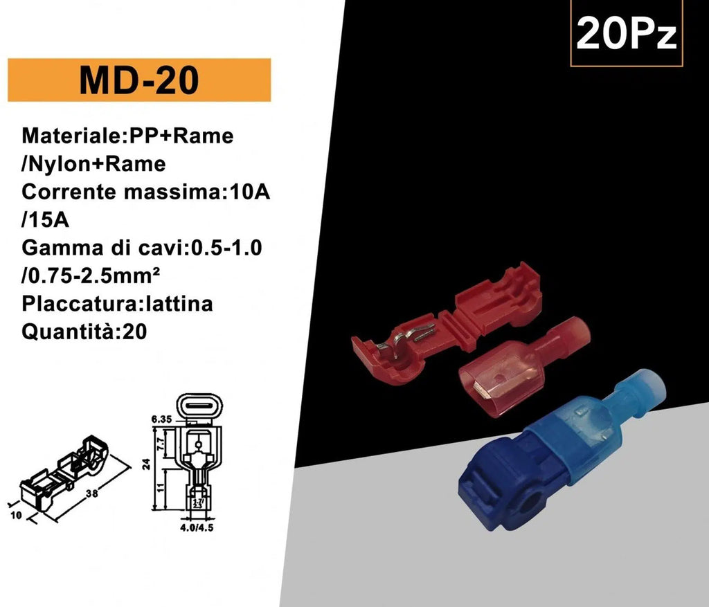 Confezione da 20 Pezzi – Connettore di Giunzione Rubacorrente Isolato per Cavi da 0,5 mm² a 1,0 mm² e da 0,75 mm² a 2,5 mm²