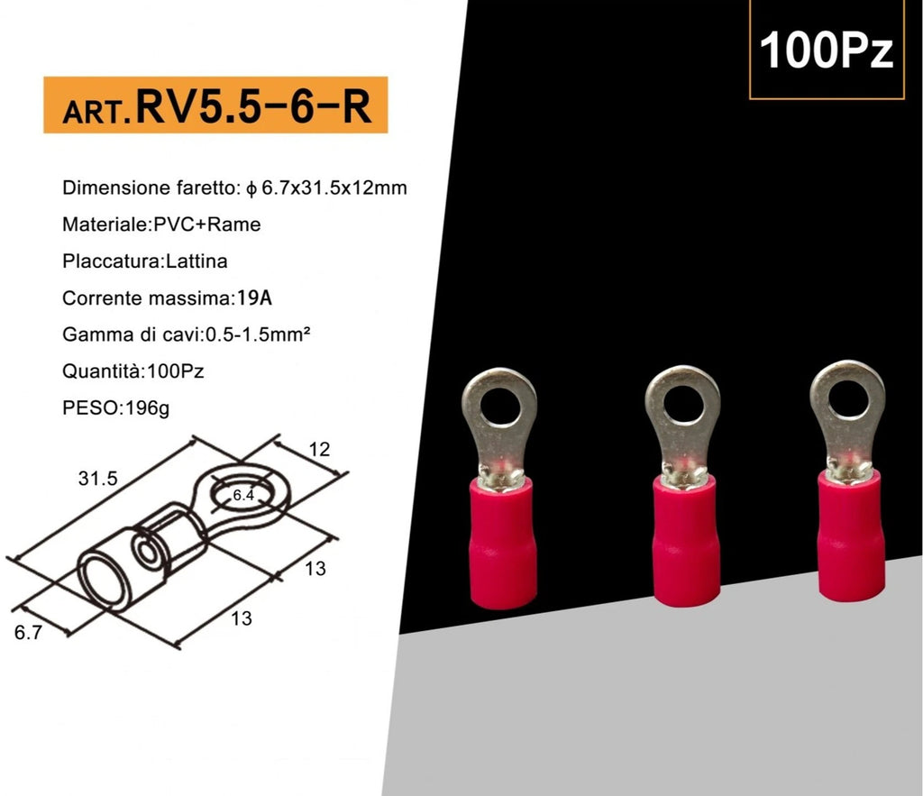 Confezione da 100 Pezzi – Capicorda Terminale ad Occhiello Isolato per Cavi da 4 mm² a 6 mm² – Foro M6