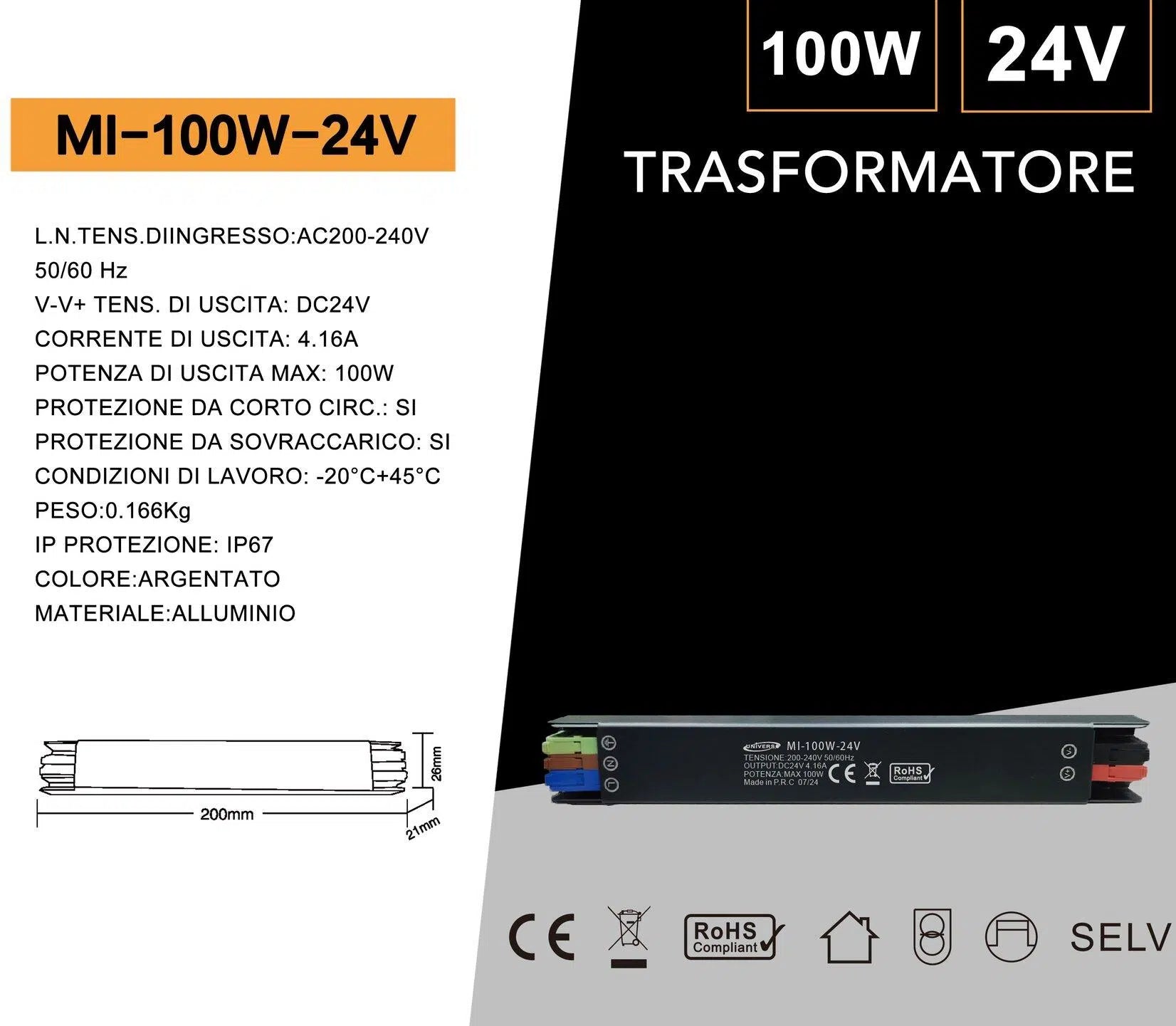 UNIVERSO MI-100W-24V alimentatore switching ultra slim da esterno IP67, potenza 100W, uscita DC 24V 4.16A, ideale per illuminazione LED e installazioni outdoor in giardino, insegne e impianti professionali