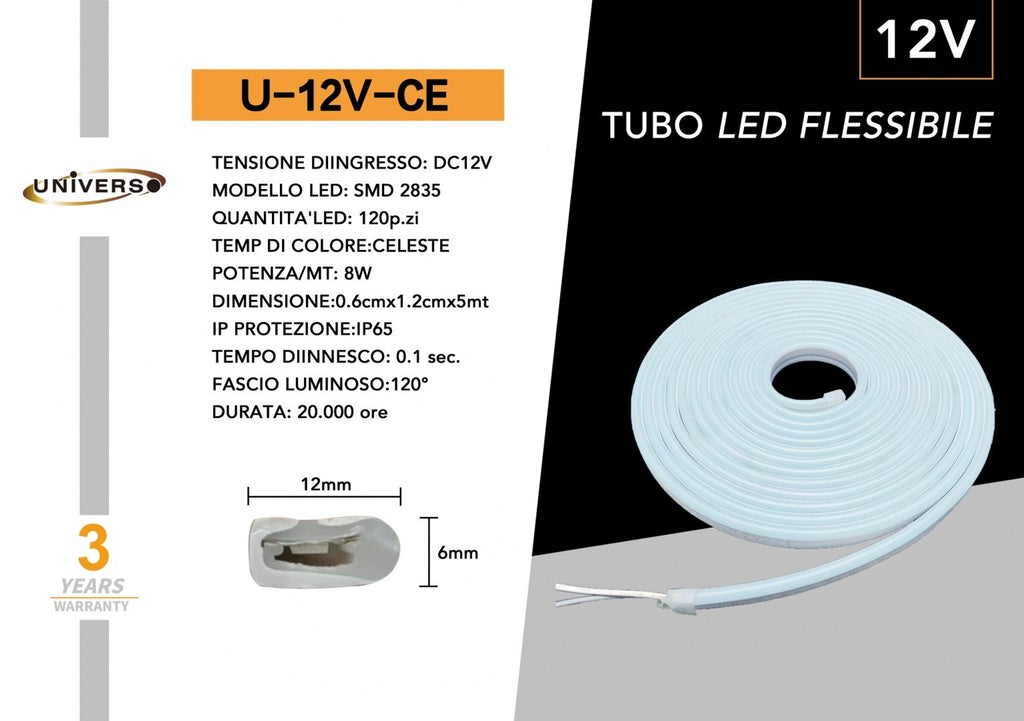 Striscia Strip LED Neon Flex 5 Metri DC 12V Impermeabile da Esterno IP65 Modellabile