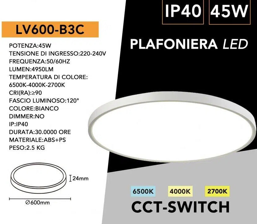 Plafoniera Ultra Slim SMD LED Rotonda UNIVERSO LV-600-B3C 45W Ø60cm | CCT 3in1 IP40 Bianco