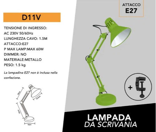 LAMPADA DA SCRIVANIA IN METALLO CON BRACCIO SNODABILE ED ORIENTABILE ATTACCO E27 COLORI ASSORTITI