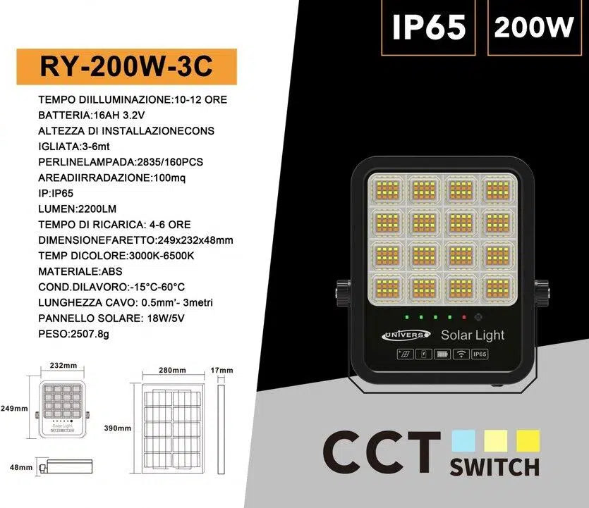Proiettore LED Solare UNIVERSO RY-200W-3C | 2200 Lumen IP65 CCT 3in1 3000K-4000K-6500K con Pannello Solare e Telecomando