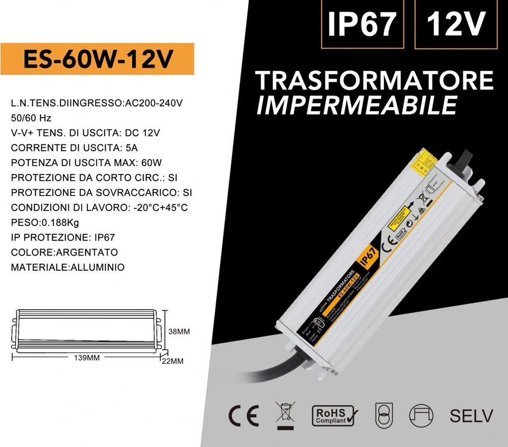 Alimentatore metallico stabilizzato switching impermeabile IP67 220V-12V 5A 60 watt