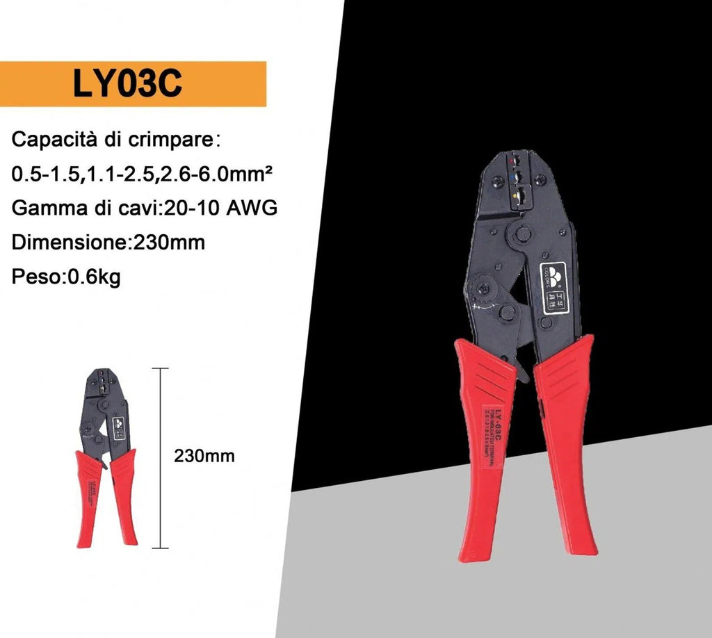 Pinza Crimpatrice per Capicorda Isolati e Non – da 0.5 a 6 mm², Cavi da 20 a 10 AWG