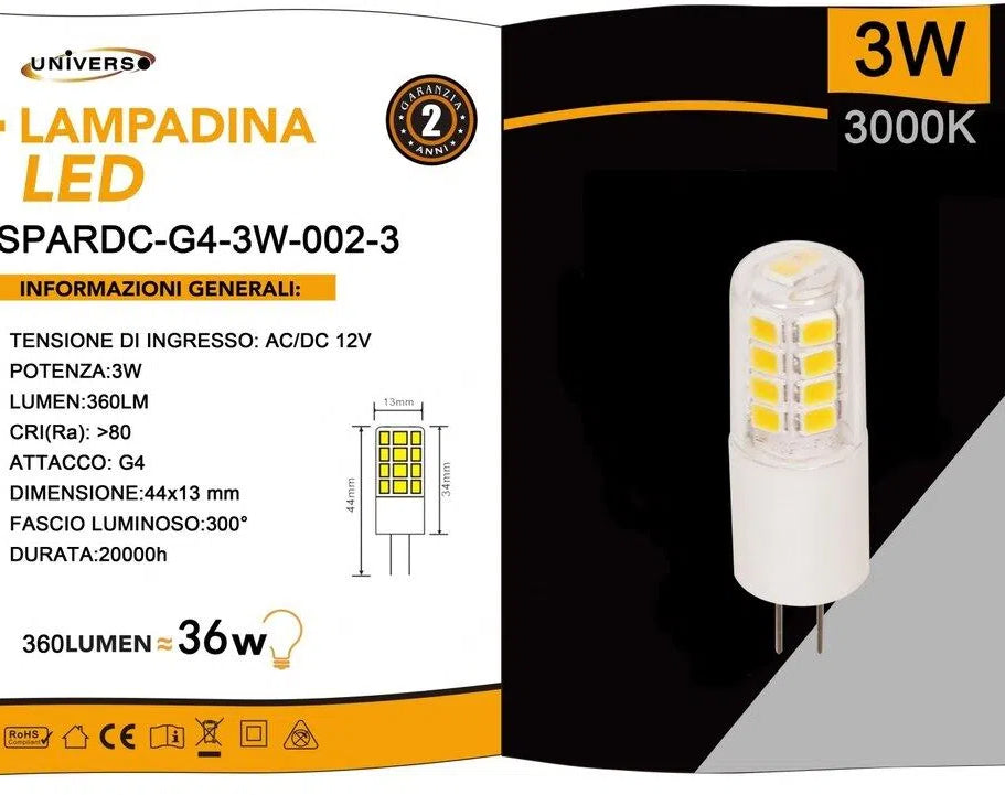 Lampadina LED G4 Universo SPARDC-G4-3W-002 – 3W Tubolare SMD, 360 Lumen, CCT 3000K/4000K/6500K