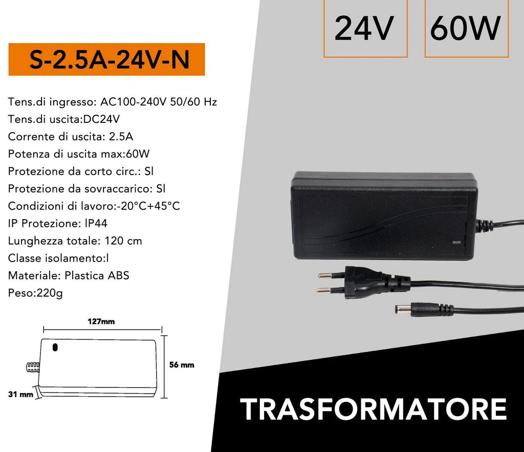 UNIVERSO S-2.5A-24V-N alimentatore desktop 60W DC 24V 2.5A plug & play con jack 2.1, ideale per dispositivi elettronici, strisce LED e applicazioni domestiche e professionali