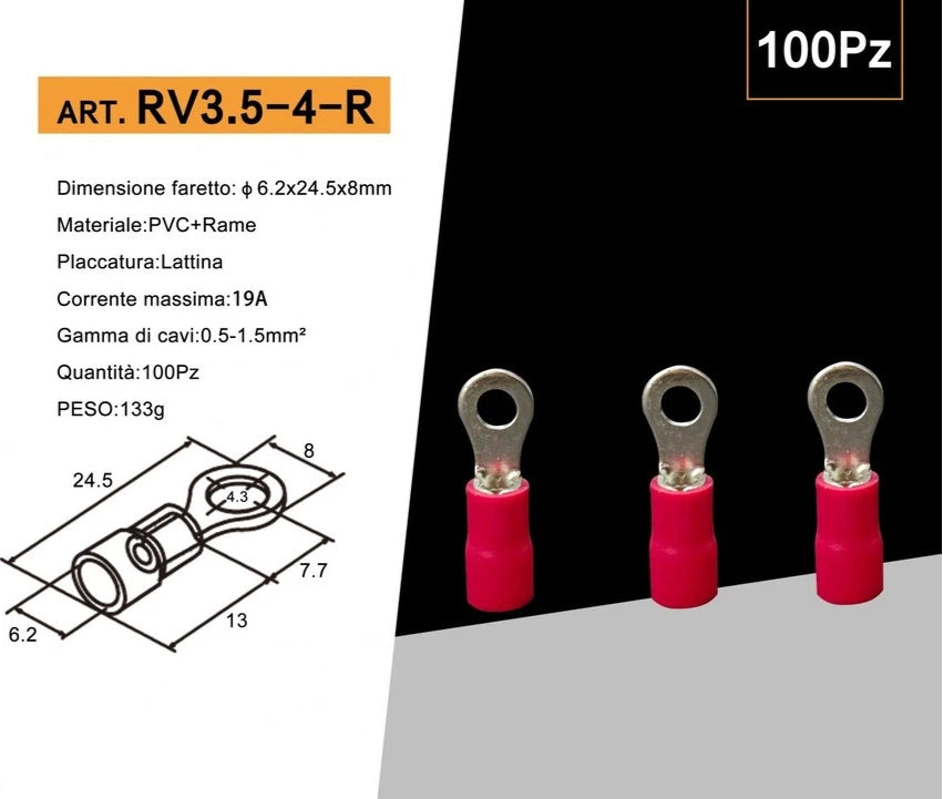 Confezione da 100 Pezzi – Capicorda Terminale ad Occhiello Isolato per Cavi da 1,5 mm² a 2,5 mm² – Foro M4