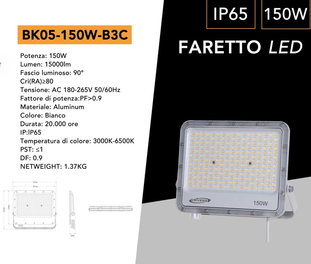 Proiettore SMD LED Slim UNIVERSO BK05-150W-B3C 150W | CCT 3in1 Selezionabile IP65 Bianco