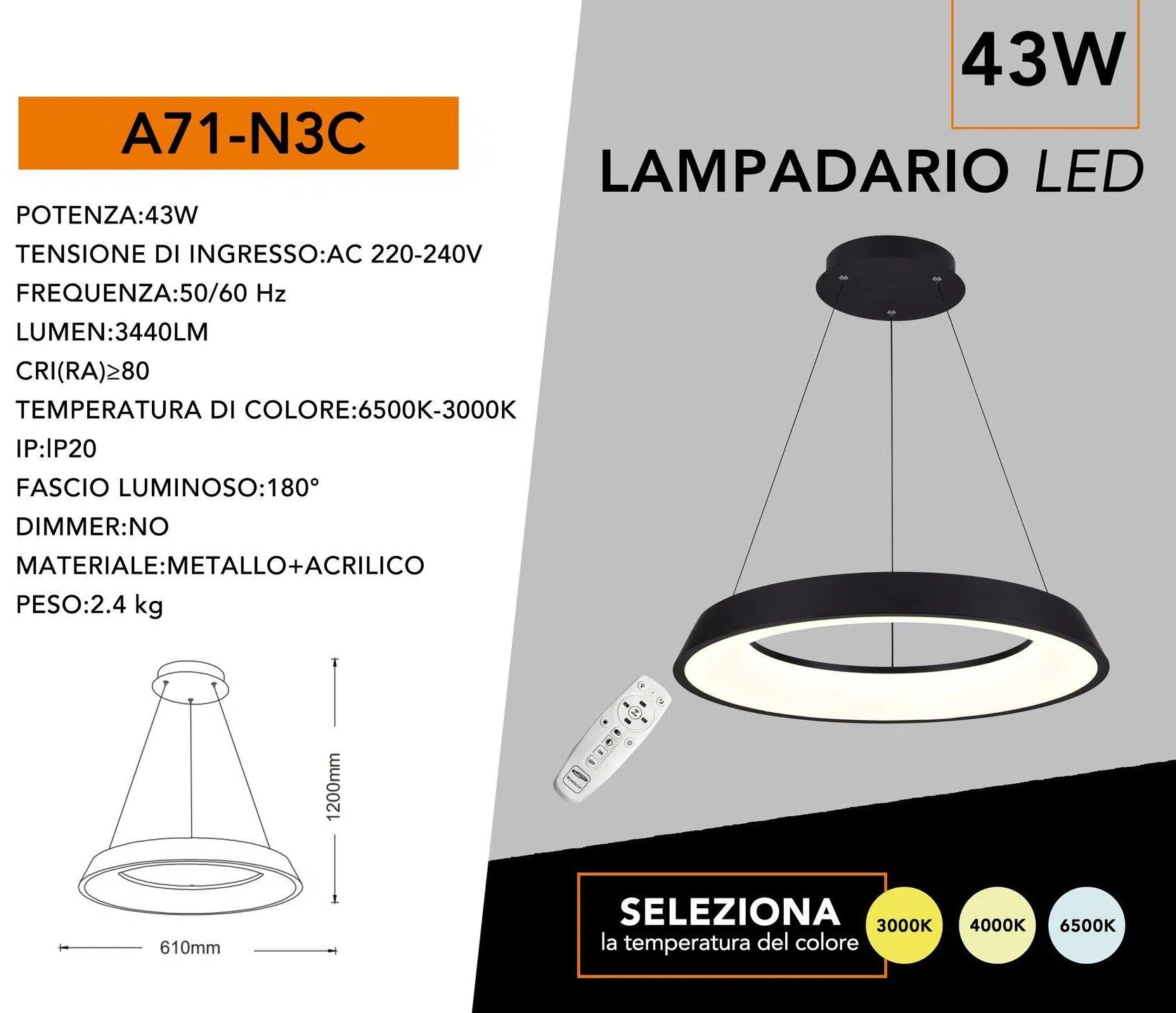 Lampadario LED SMD a Sospensione Universo A71-N3C – Design Circolare 43W, Colore Nero, CCT 3in1 (3000K/4000K/6500K)