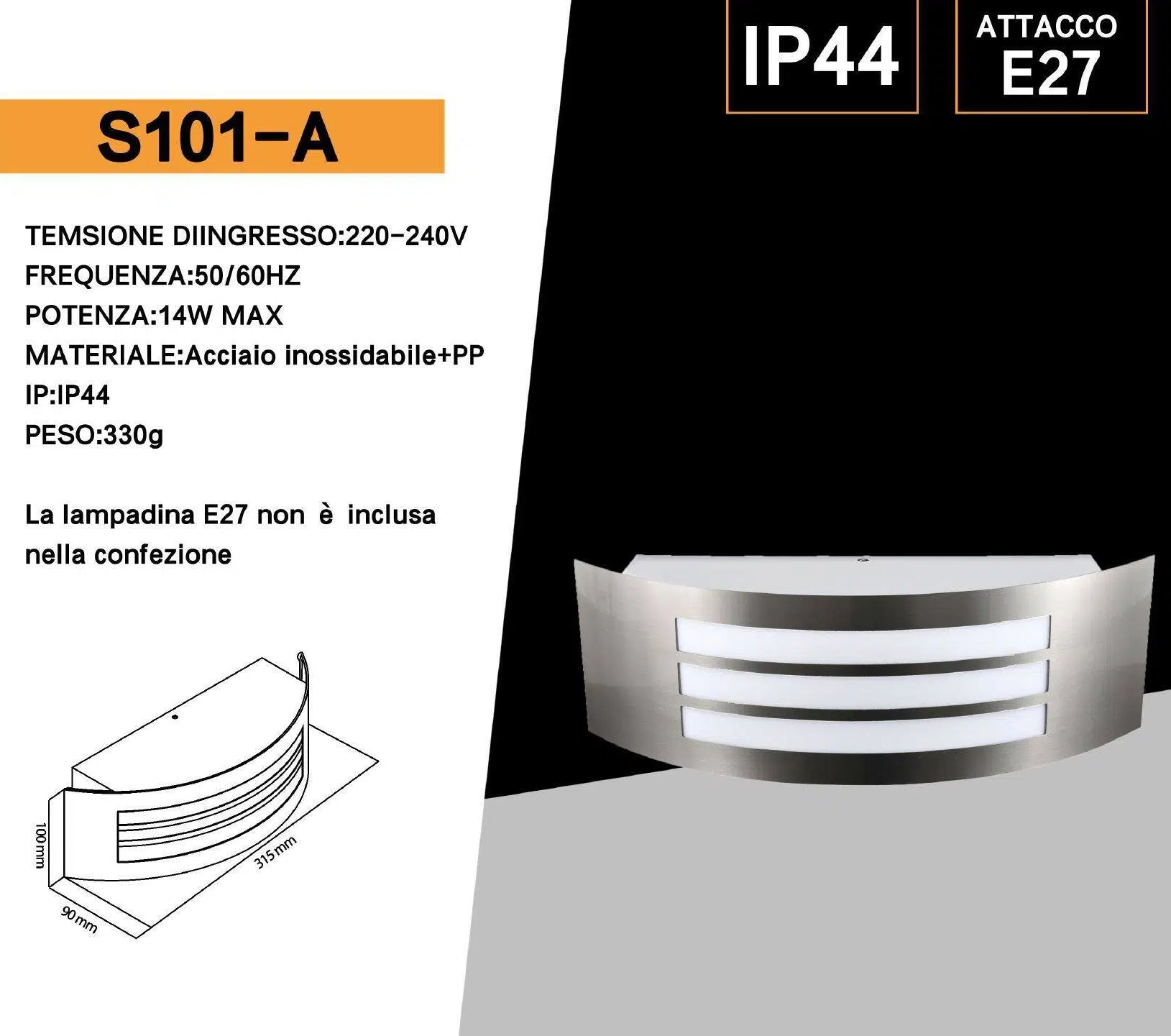 Portalampada Wall Light da Muro Universo S101-A per Lampadine E27 da Esterno – IP44