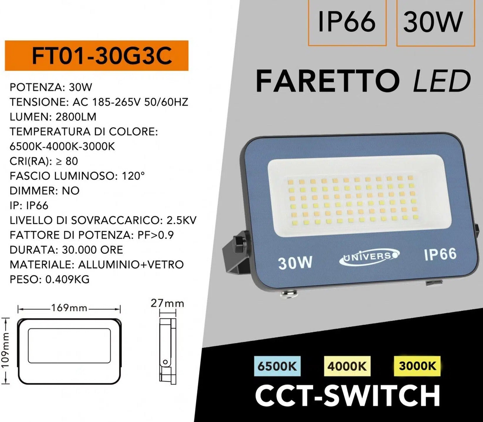 Proiettore LED Ultra Slim SMD UNIVERSO FT01-30G3C 30W | CCT Selezionabile IP66
