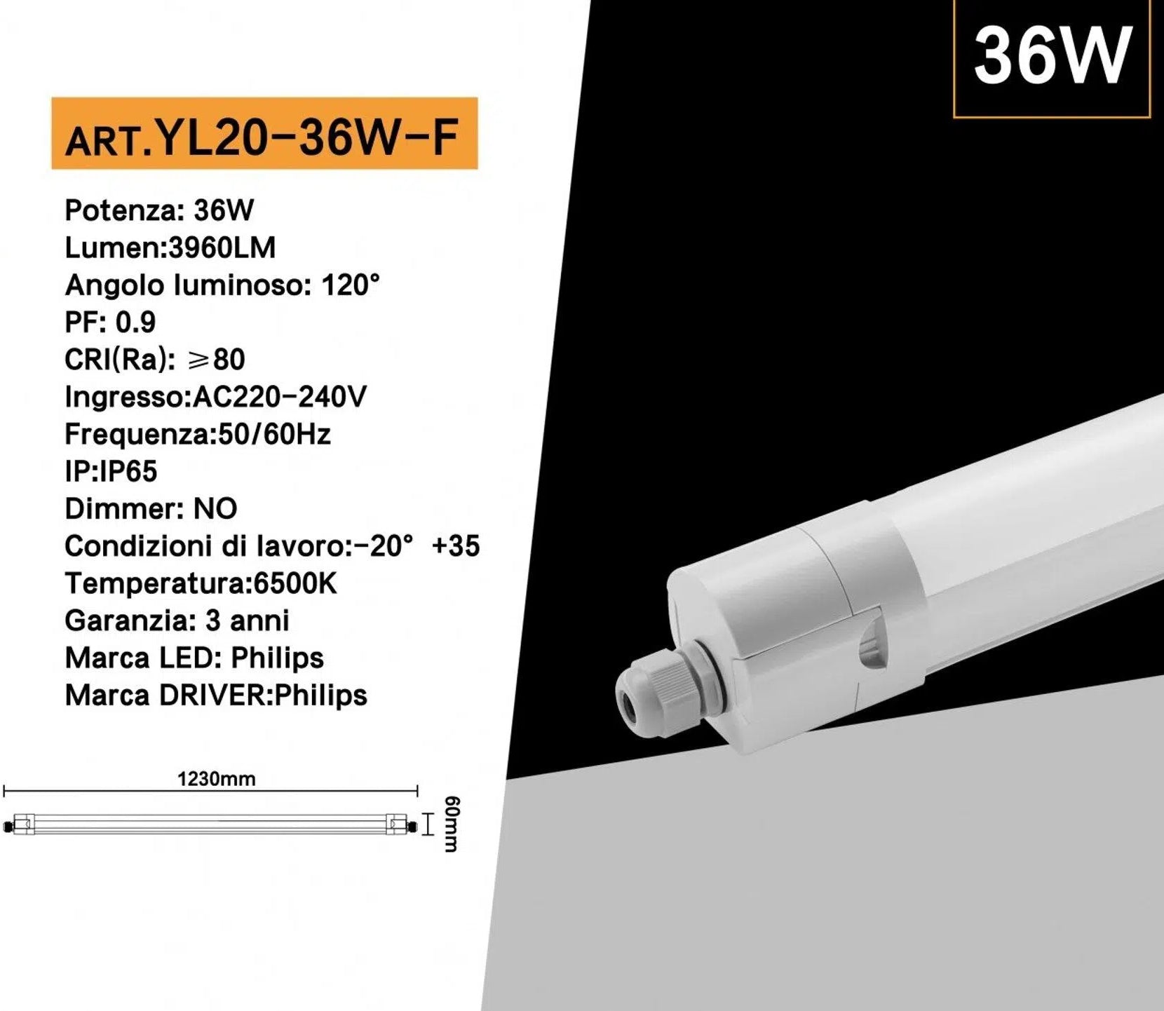 Plafoniera Lineare 120cm 36W da Esterno IP65 Raccordabile | 4160 Lumen - Bianco Freddo 6500K