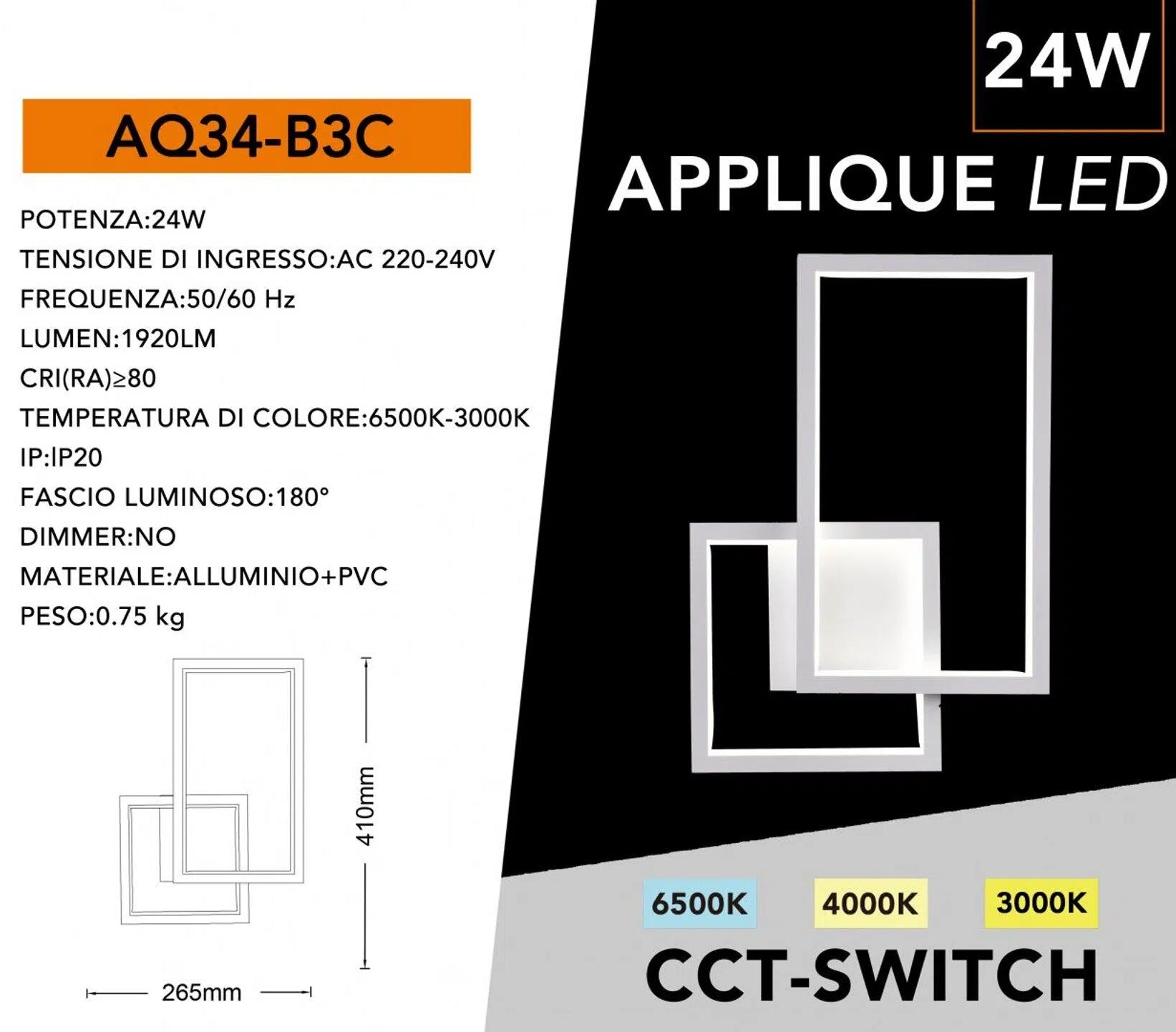 Applique LED a Muro Bianca Universo AQ34-B3C 24W – Forma Geometrica Rettangolare con Switch CCT per Luce 3000K/4000K/6500K