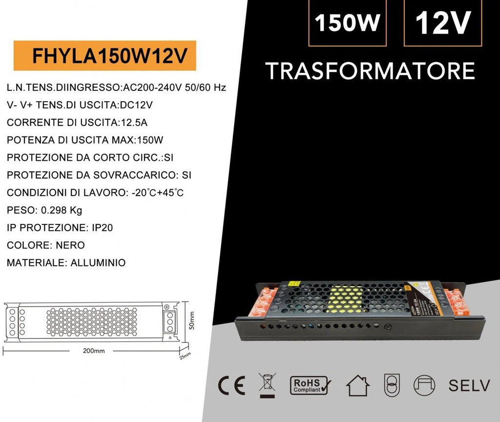 Alimentatore slim metallico stabilizzato switching trimmer 220V-12V 12.5A 150 watt colore nero
