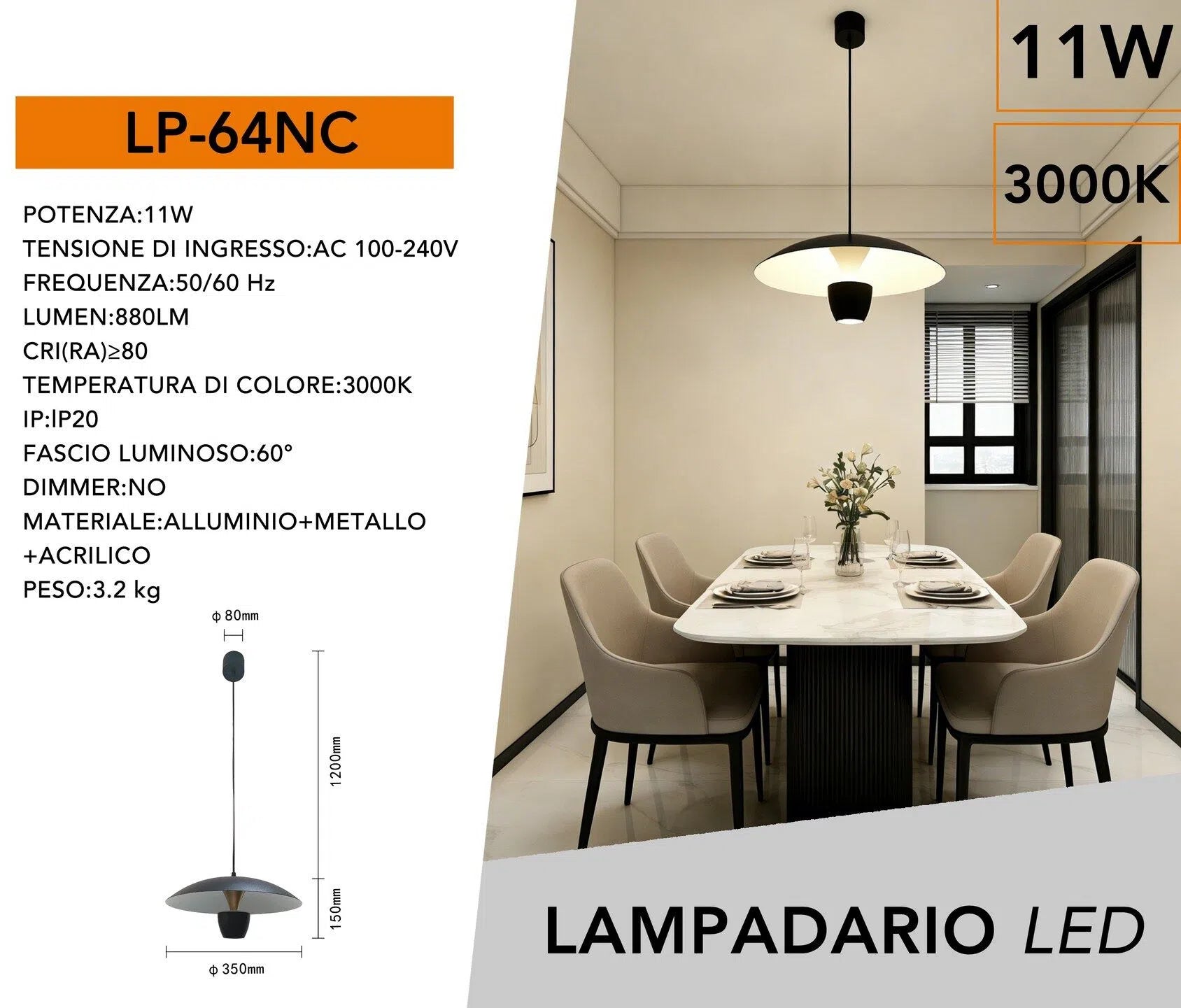 Lampadario LED a Sospensione Moderno 11W – 880 Lumen, Colore Bianco o Nero, IP20