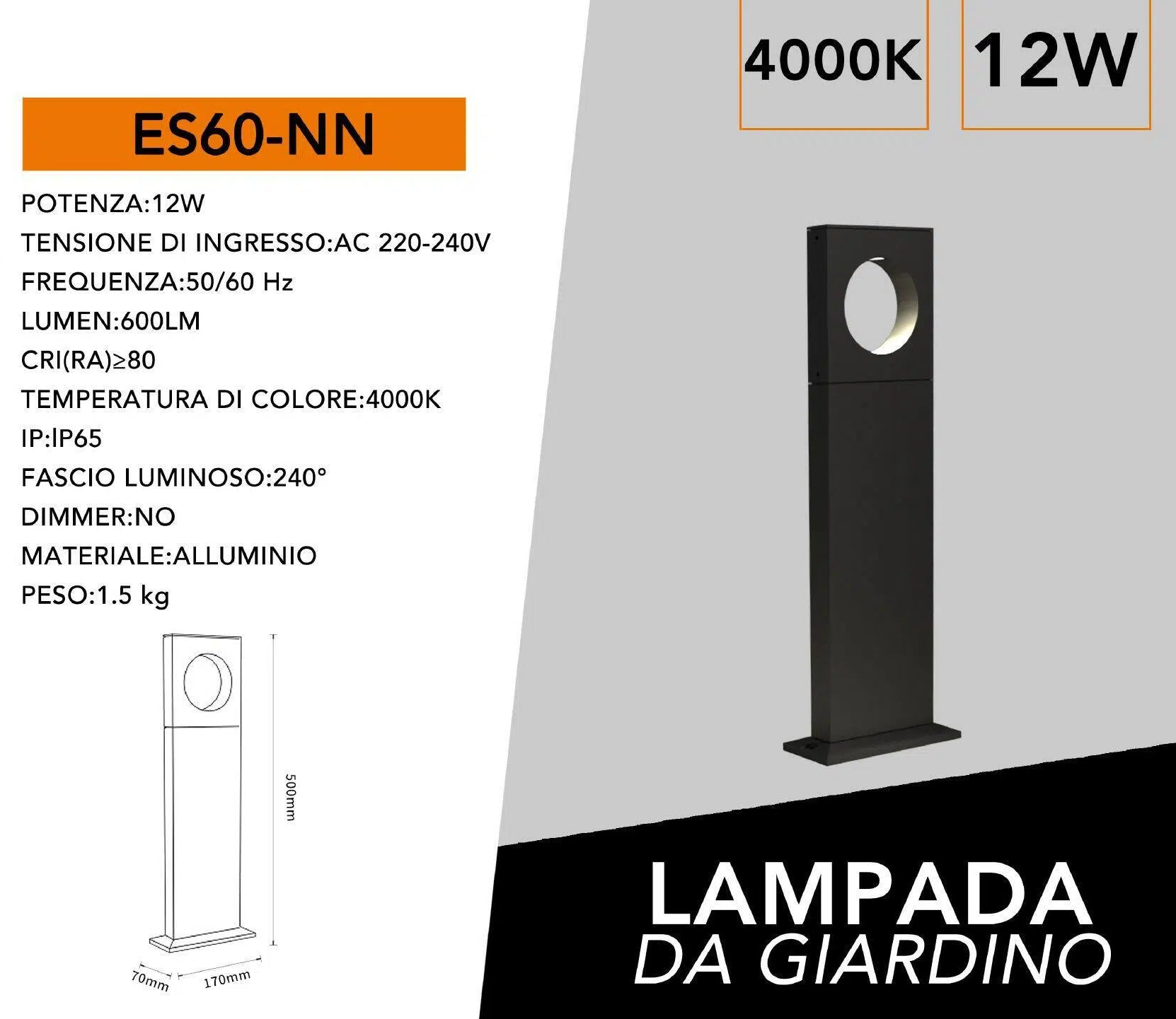 Lampada LED da Giardino 12W – Alluminio Nero, Fissaggio a Terra, IP65, Lampione 500 mm, 600 Lumen