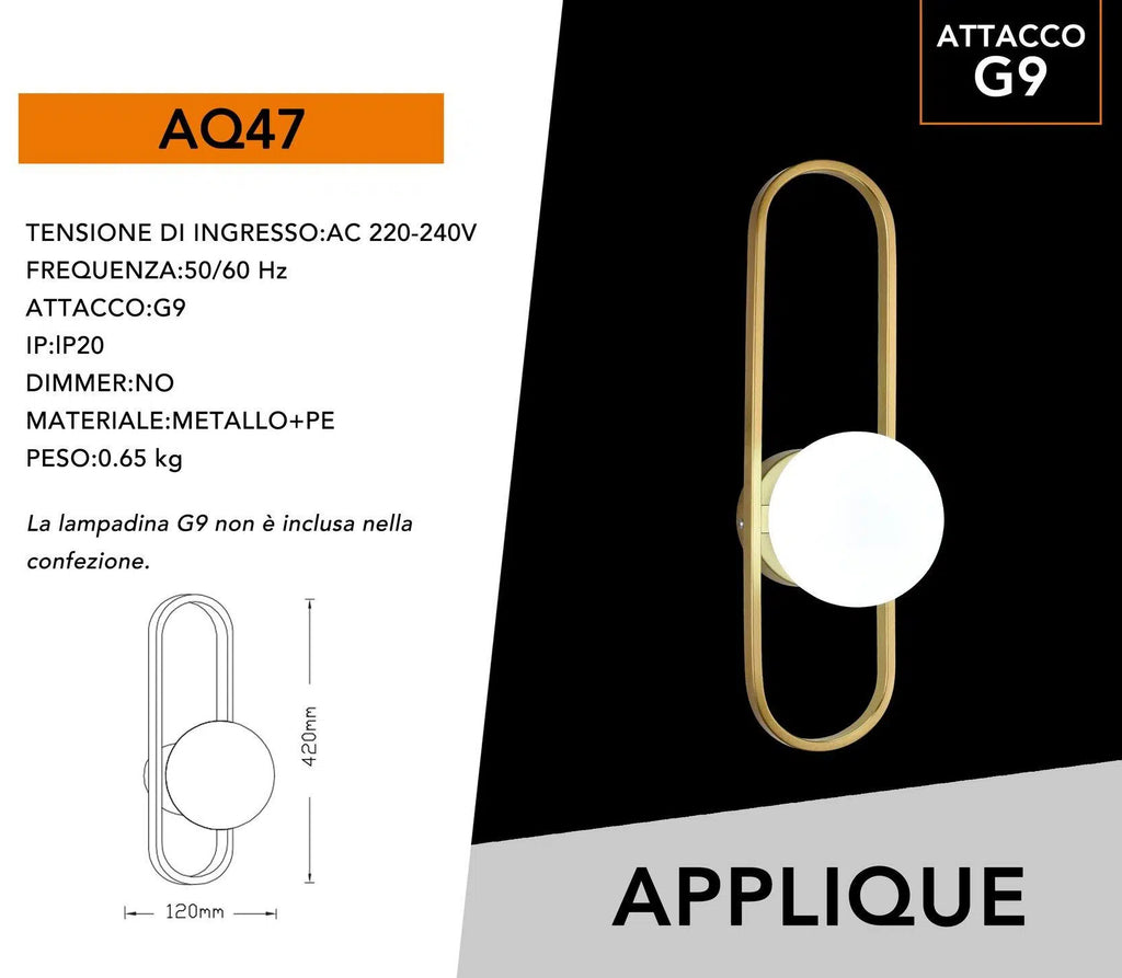 Applique a Sfera da Parete Universo AQ47 – Metallo Bronzo e Paralume in Vetro, Attacco G9, Max 10W