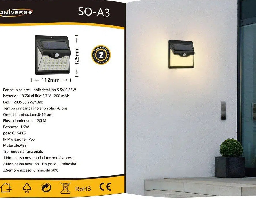 Applique Lampada SMD LED per Esterno IP65 con Pannello Solare e Sensore di Movimento – 120 Lumen, Illuminazione Autonoma