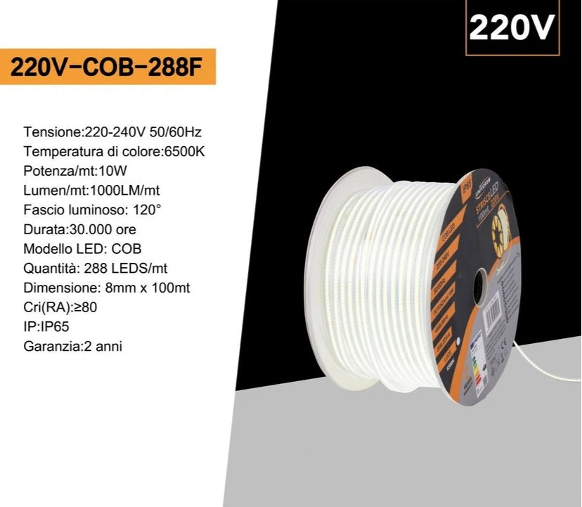 UNIVERSO Strip LED COB 220V Monocolore – Bobina 100 Metri 10W/m 1000lm/m, IP65 per Esterno, 3000K-4000K-6500K