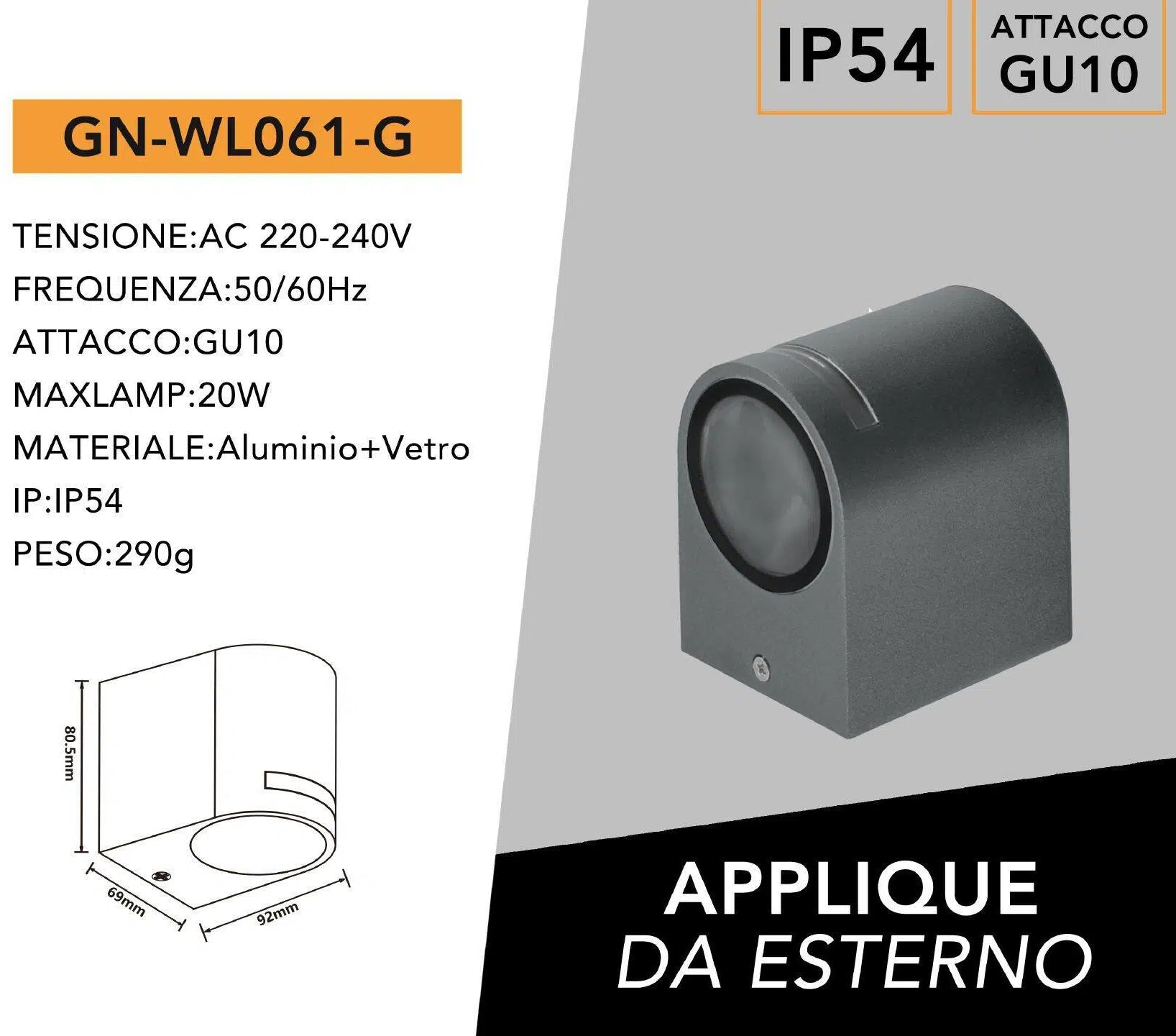 Portalampada Applique Wall Light da Muro per 1 Lampadina GU10 – IP54, Disponibile in Bianco e Nero