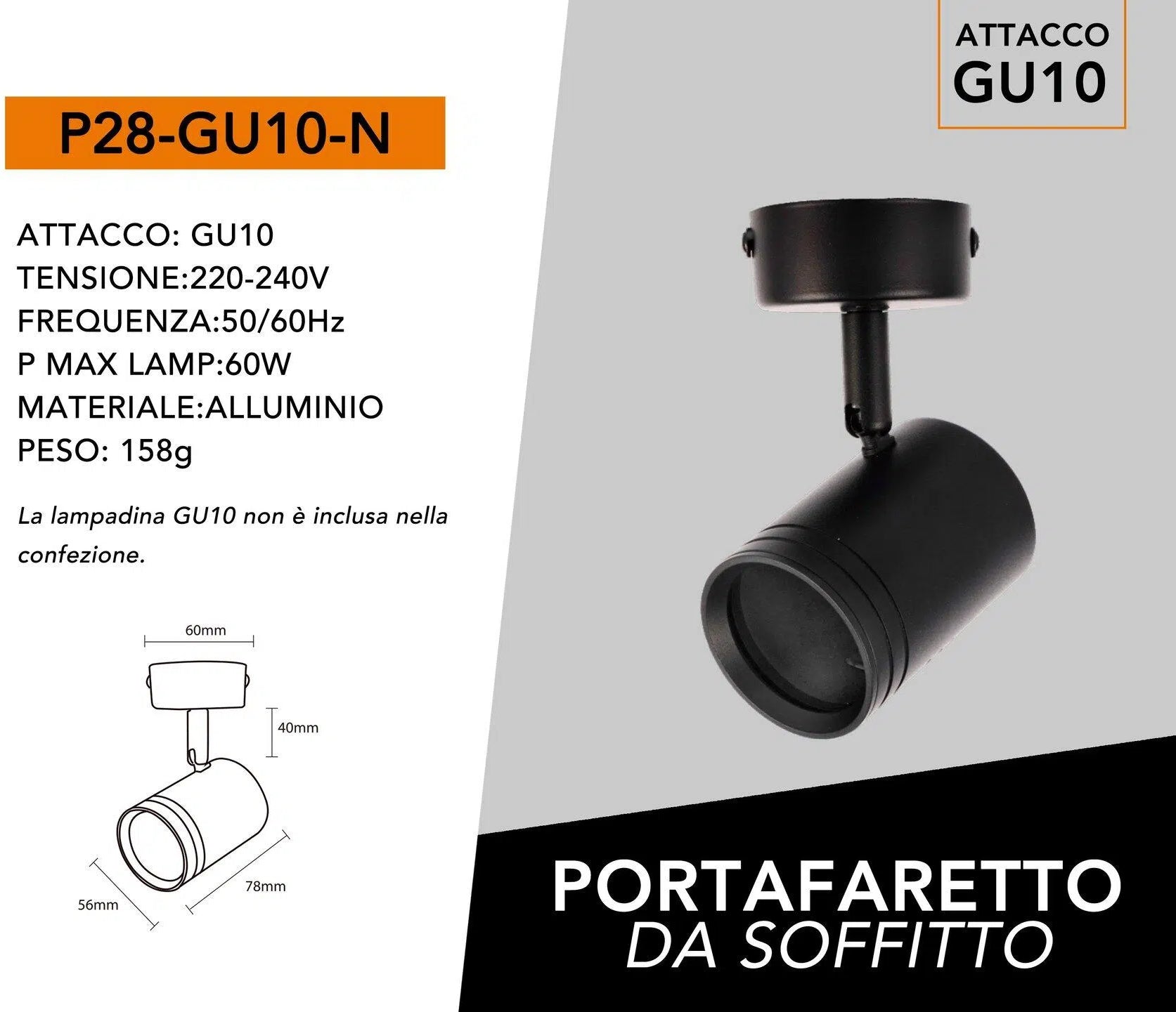 Portafaretto Rotondo Universo P28-GU10-N per Faretto LED Spotlight GU10 – Testina Orientabile, Colore Nero