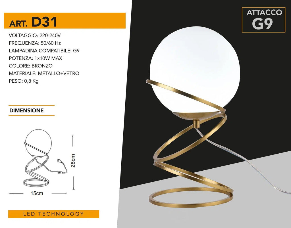 Lampada da Tavolo Minimalista in Bronzo con Sfera in Vetro – Attacco per Lampadina G9