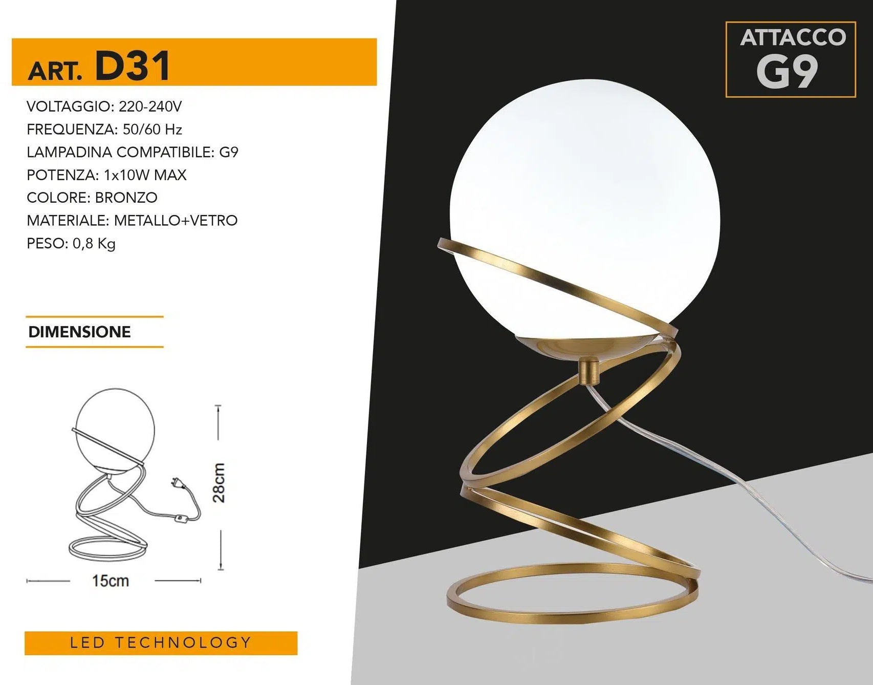 Lampada da Tavolo Minimalista in Bronzo con Sfera in Vetro – Attacco per Lampadina G9