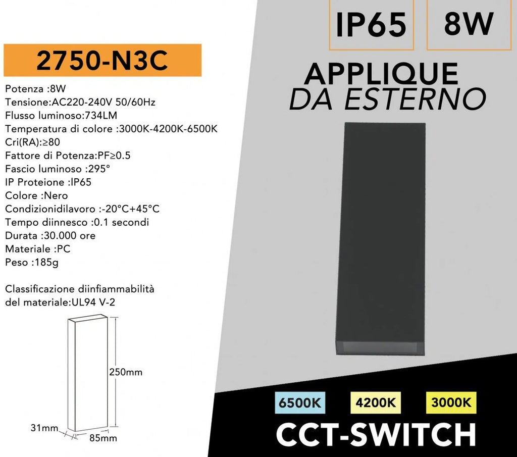 Applique LED da muro UNIVERSO 2750-N3C 8W doppia emissione up & down con CCT 3in1 selezione colore 3000K 4000K 6500K IP65 con driver integrato